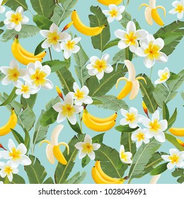 Patrón tropical sin foco con plátanos y hojas de palma. Fondo exótico floral de verano para tapiz, tela, papel envuelto. Ilustración del vector