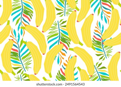 Patrón tropical sin costuras con bananas y hojas de palma. Abstractas patrón de verano sobre un fondo blanco. Ilustración vectorial. Estilo plano.