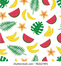 
Tropical seamless pattern with bananas, watermelons, tropical flower, palm branches and monster leaves on white background vector illustration