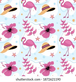 Tropical Seamless Pattern with Beach Hat, Flamingo, Hibiscus Flower, and Heliconia. You can use this design to create poster, tshirt, pillow, tote bag, pouch, phone case, etc.