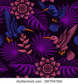 A tropical seamless pattern with beautiful exotic flowers and birds, this design can be used as a fabric print as well as for many other uses.