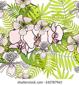 Tropical seamless pattern. Beautiful flowers and leaves delicate endless background. Gentle orchids and hibiscuses with palm leaves. Elegant flower bouquets for designs. 
