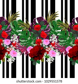 Tropical seamless pattern with beautiful roses on striped background. Flower background for textile, cover, wallpaper, gift packaging, printing.Romantic design for calico, silk.