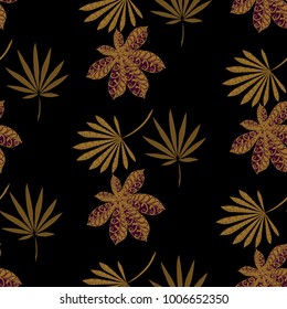 Tropical Seamless Pattern With Big Palm Leaves On Black Background. Hand Drawn Jungle Texture In Zentangle Style. Ornate Seamless Background for Print, Interior, Wallpaper, Swimwear.