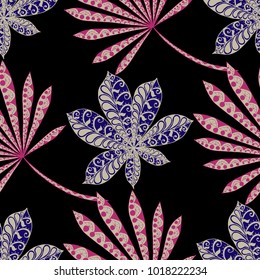 Tropical Seamless Pattern With Big Palm Leaves On Black Background. Hand Drawn Tropic Texture In Zentangle Style. Ornate Seamless Background for Print, Interior, Wallpaper, Swimwear. Vector.