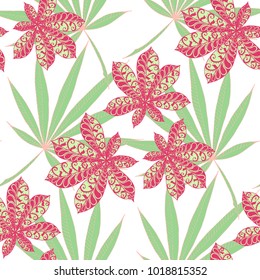 Tropical Seamless Pattern With Big Palm Leaves On White Background. Hand Drawn Rainforest Texture In Zentangle Style. Ornate Seamless Background for Print, Interior, Wallpaper, Swimwear. Vector.