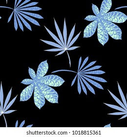 Tropical Seamless Pattern With Big Palm Leaves On Black Background. Hand Drawn Jungle Texture In Zentangle Style. Ornate Seamless Background for Print, Interior, Wallpaper, Swimwear.