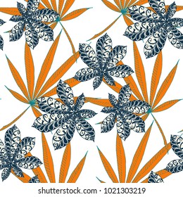Tropical Seamless Pattern With Big Palm Leaves On White Background. Hand Drawn Tropic Texture In Zentangle Style. Ornate Seamless Background for Print, Interior, Wallpaper, Swimwear.