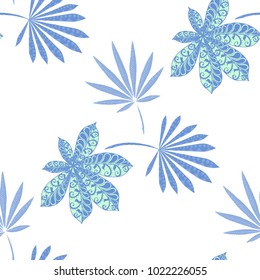 Tropical Seamless Pattern With Big Palm Leaves On White Background. Hand Drawn Rainforest Texture In Zentangle Style. Ornate Seamless Background for Print, Interior, Wallpaper, Swimwear. Vector.