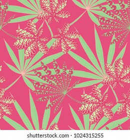 Tropical Seamless Pattern With Big Palm Leaves On White Background. Hand Drawn Tropic Texture In Zentangle Style. Ornate Seamless Background for Print, Interior, Wallpaper, Swimwear.