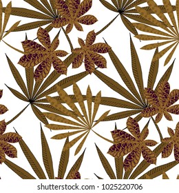 Tropical Seamless Pattern With Big Palm Leaves On White Background. Hand Drawn Tropic Texture In Zentangle Style. Ornate Seamless Background for Print, Interior, Wallpaper, Swimwear.