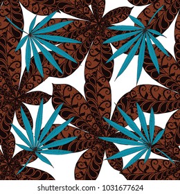 Tropical Seamless Pattern With Big Palm Leaves On White Background. Hand Drawn Rainforest Texture In Zentangle Style. Ornate Seamless Background for Print, Interior, Wallpaper, Swimwear. Vector.
