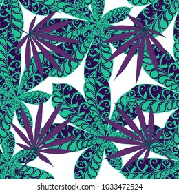 Tropical Seamless Pattern With Big Palm Leaves On White Background. Hand Drawn Rainforest Texture In Zentangle Style. Ornate Seamless Background for Print, Interior, Wallpaper, Swimwear.