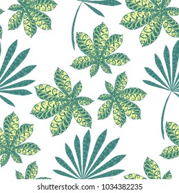 Tropical Seamless Pattern With Big Palm Leaves On White Background. Hand Drawn Rainforest Texture In Zentangle Style. Ornate Seamless Background for Print, Interior, Wallpaper, Swimwear.