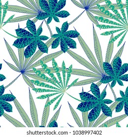 Tropical Seamless Pattern With Big Palm Leaves On White Background. Hand Drawn Rainforest Texture In Zentangle Style. Ornate Seamless Background for Print, Interior, Wallpaper, Swimwear. Vector.
