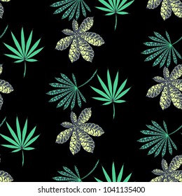 Tropical Seamless Pattern With Big Palm Leaves On Black Background. Hand Drawn Rainforest Texture In Zentangle Style. Ornate Seamless Background for Print, Interior, Wallpaper, Swimwear.
