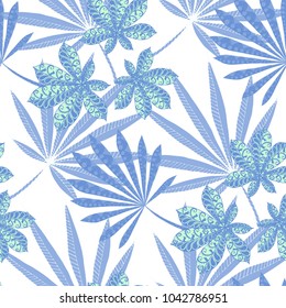 Tropical Seamless Pattern With Big Palm Leaves On Black Background. Hand Drawn Tropic Texture In Zentangle Style. Ornate Seamless Background for Print, Interior, Wallpaper, Swimwear. Vector.