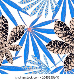 Tropical Seamless Pattern With Big Palm Leaves On White Background. Hand Drawn Jungle Texture In Zentangle Style. Ornate Seamless Background for Print, Interior, Wallpaper, Swimwear. Vector.