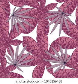 Tropical Seamless Pattern With Big Palm Leaves On White Background. Hand Drawn Jungle Texture In Zentangle Style. Ornate Seamless Background for Print, Interior, Wallpaper, Swimwear.