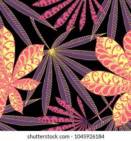 Tropical Seamless Pattern With Big Palm Leaves On Black Background. Hand Drawn Tropic Texture In Zentangle Style. Ornate Seamless Background for Print, Interior, Wallpaper, Swimwear.