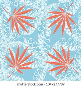 Tropical Seamless Pattern With Big Palm Leaves On Black Background. Hand Drawn Rainforest Texture In Zentangle Style. Ornate Seamless Background for Print, Interior, Wallpaper, Swimwear. Vector.
