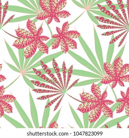 Tropical Seamless Pattern With Big Palm Leaves On Black Background. Hand Drawn Jungle Texture In Zentangle Style. Ornate Seamless Background for Print, Interior, Wallpaper, Swimwear. Vector.