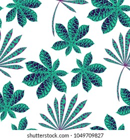 Tropical Seamless Pattern With Big Palm Leaves On White Background. Hand Drawn Jungle Texture In Zentangle Style. Ornate Seamless Background for Print, Interior, Wallpaper, Swimwear.