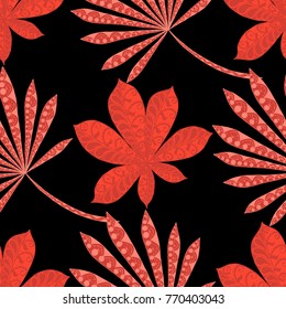 Tropical Seamless Pattern With Big Palm Leaves On Black Background. Hand Drawn Tropic Texture In Zentangle Style. Ornate Seamless Background for Print, Interior, Wallpaper, Swimwear.