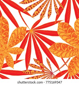 Tropical Seamless Pattern With Big Palm Leaves On White Background. Hand Drawn Jungle Texture In Zentangle Style. Ornate Seamless Background for Print, Interior, Wallpaper, Swimwear.
