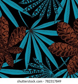 Tropical Seamless Pattern With Big Palm Leaves On Black Background. Hand Drawn Jungle Texture In Zentangle Style. Ornate Seamless Background for Print, Interior, Wallpaper, Swimwear.