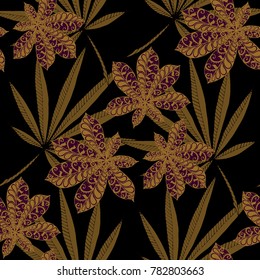 Tropical Seamless Pattern With Big Palm Leaves On Black Background. Hand Drawn Jungle Texture In Zentangle Style. Ornate Seamless Background for Print, Interior, Wallpaper, Swimwear.