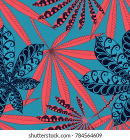 Tropical Seamless Pattern With Big Palm Leaves On White Background. Hand Drawn Jungle Texture In Zentangle Style. Ornate Seamless Background for Print, Interior, Wallpaper, Swimwear. Vector.
