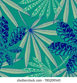 Tropical Seamless Pattern With Big Palm Leaves On Black Background. Hand Drawn Rainforest Texture In Zentangle Style. Ornate Seamless Background for Print, Interior, Wallpaper, Swimwear. Vector.