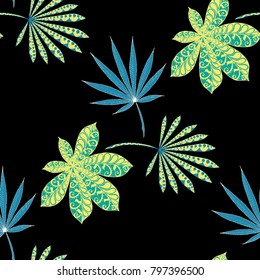 Tropical Seamless Pattern With Big Palm Leaves On Black Background. Hand Drawn Tropic Texture In Zentangle Style. Ornate Seamless Background for Print, Interior, Wallpaper, Swimwear.