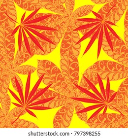 Tropical Seamless Pattern With Big Palm Leaves On White Background. Hand Drawn Rainforest Texture In Zentangle Style. Ornate Seamless Background for Print, Interior, Wallpaper, Swimwear. Vector.