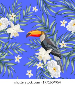 Tropical seamless pattern with bird and exotic flowers. Summer background with hibiscus flowers and palm leaves.