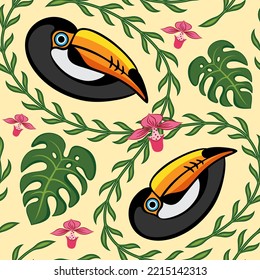 Tropical seamless pattern with bird toucan, liana and green palm leaves monstera. Vector. Summer or spring trendy design elements for fashion textile print and greeting card.