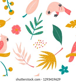Tropical seamless pattern with birds and leaves. Vector illustration. Summer design