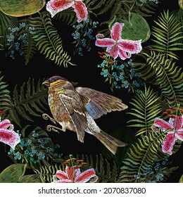 Tropical seamless pattern. Birds, ppalm leaves and pink orchid flowers. Summer jungle art. Embroidery fashion template for clothes, textiles, t-shirt design