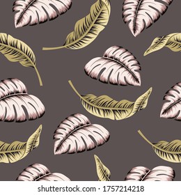 Tropical  seamless pattern black background. Exotic jungle wallpaper. Floral pink and gold monstera and banana leaves.