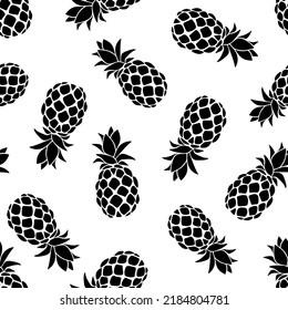 Tropical seamless pattern with black pineapples silhouettes on a white background. Vector illustration