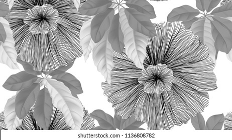 Tropical seamless pattern,  black and white flowers and umbrella tree on white background, pastel vintage style