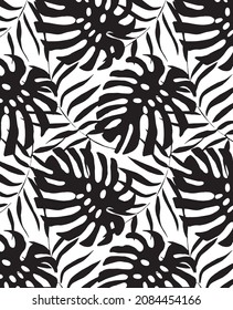 Patrón tropical sin costuras con palmas exóticas blancas y negras, plátanos y hojas de monstera.  Diseño de vectores. Impresión de la jungla. Fondo floral para la impresión, la web, los textiles, etc. diseño de silueta vectorial.