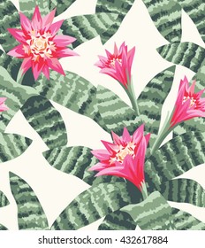Tropical seamless pattern with blooming aechmea. Vector illustration.