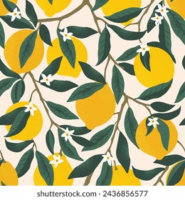 Tropical seamless pattern with blooming yellow lemons on branch. Fruit repeated background. Vector bright print for fabric or wallpaper.