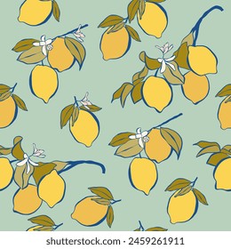 Tropical seamless pattern with blooming yellow lemons on branch. Fruit repeated background. Vector bright print for fabric or wallpaper.