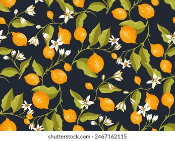 Patrón tropical sin costuras con limones amarillos en flor, limas en rama con hojas y brotes verdes. Ilustración de dibujo a mano de Vector. Abstractas fruta artística repetida impresión sobre un fondo negro. 