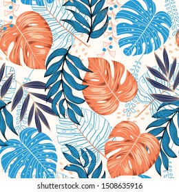 Tropical seamless pattern with blue and brown leaves. Vector design, summer print. Floral seamless vector tropical pattern background with exotic leaves, jungle leaf.