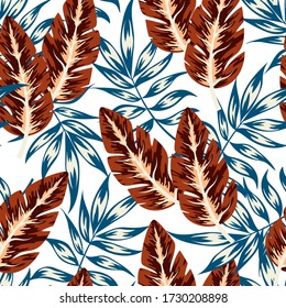 Tropical seamless pattern with blue and brown plants on a white background. Creative abstract background. Trendy summer Hawaii print. Floral pattern. Exotic wallpaper, Jungle leaves.