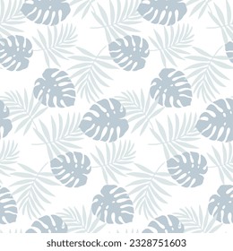 Tropical seamless pattern with blue palm branches and monstera leaves on a white background. Pattern for textiles, wrapping paper, wallpapers, covers, backgrounds